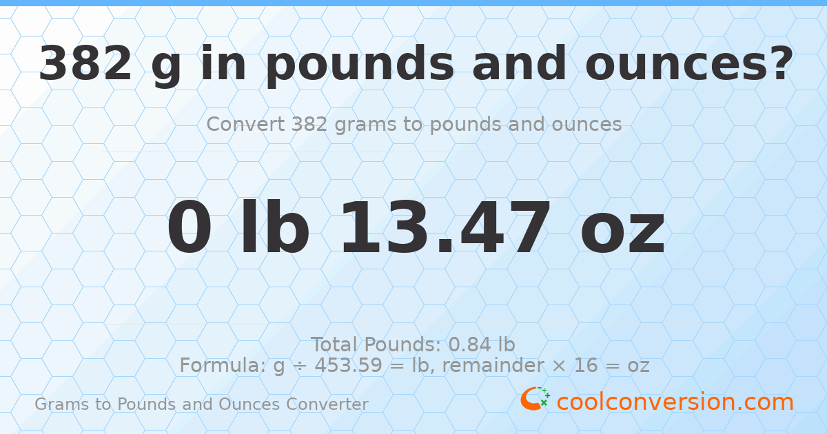 382 g to lb and oz — 382 g = 0 lb 13.47 oz