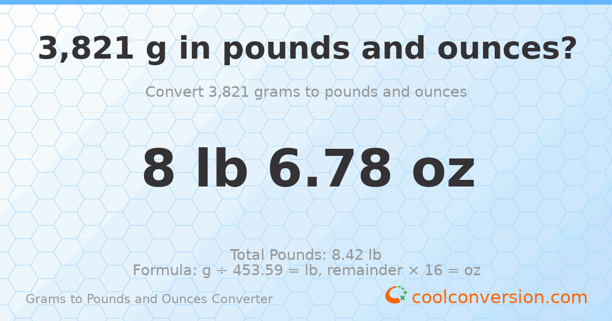 3821 g to lb and oz — 3821 g = 8 lb 6.78 oz