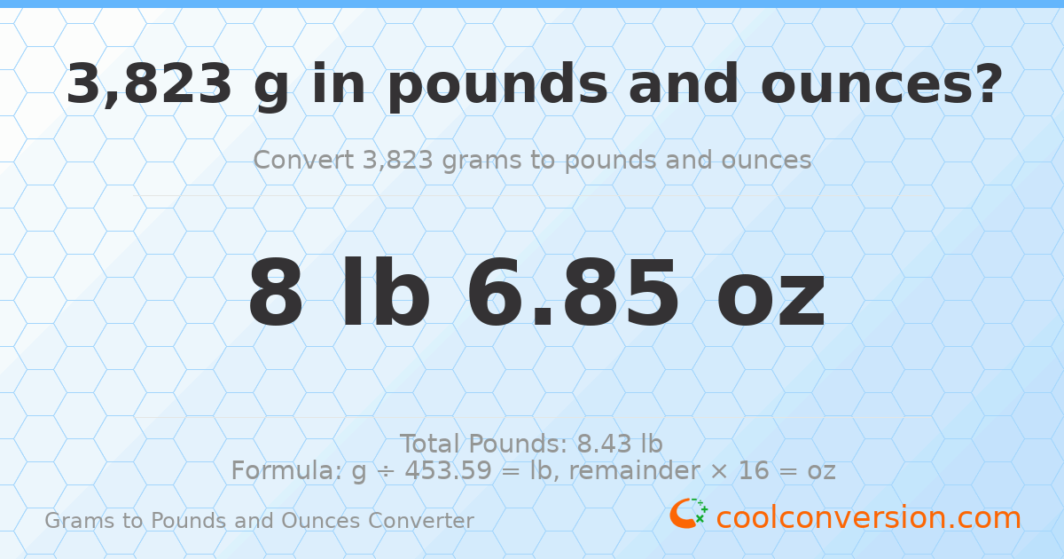 3823 g to lb and oz — 3823 g = 8 lb 6.85 oz