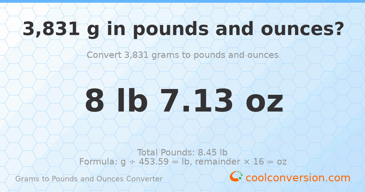 3831 g to lb and oz — 3831 g = 8 lb 7.13 oz