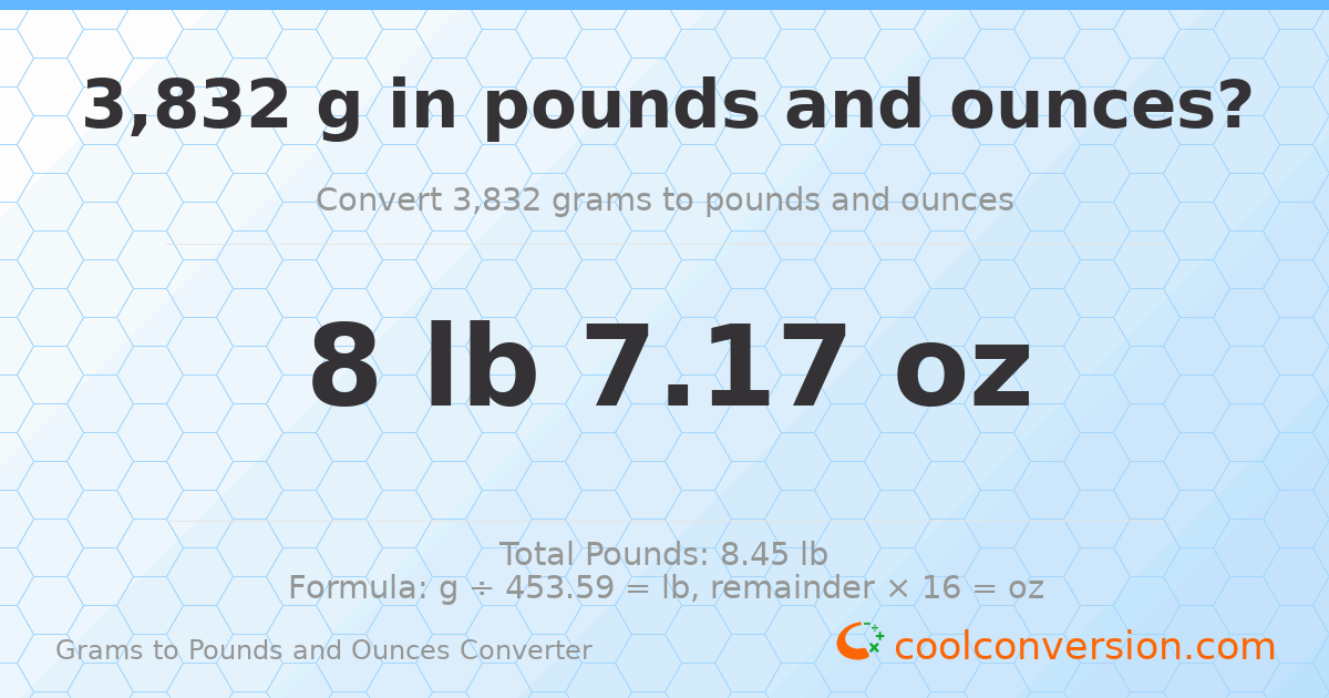 3832 g to lb and oz — 3832 g = 8 lb 7.17 oz