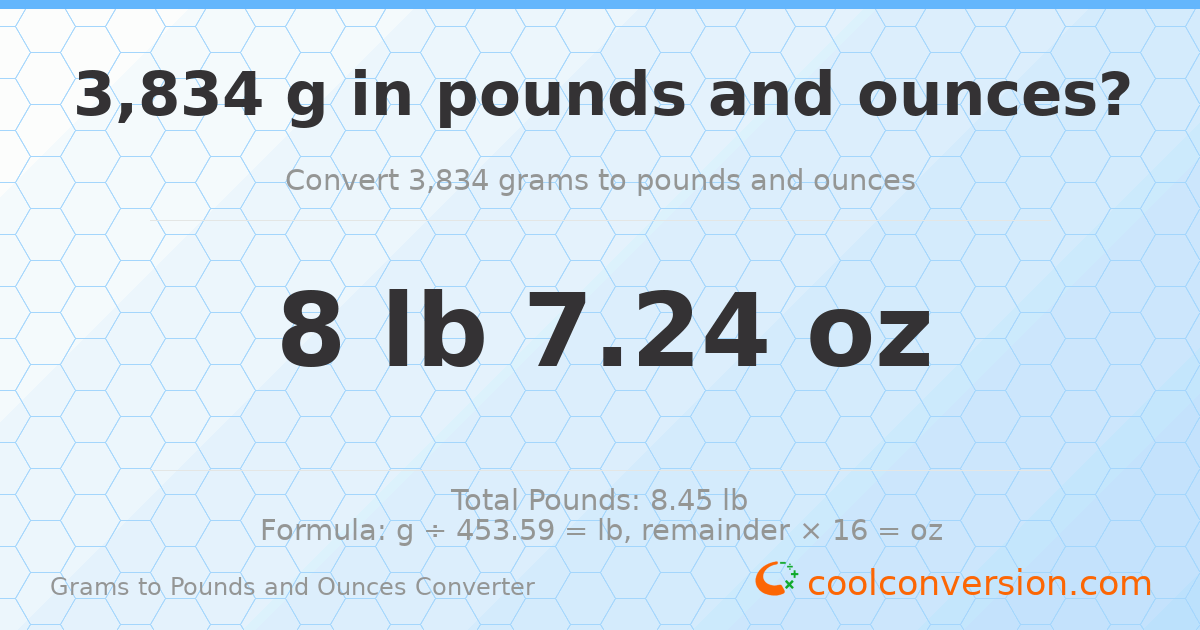 3834 g to lb and oz — 3834 g = 8 lb 7.24 oz