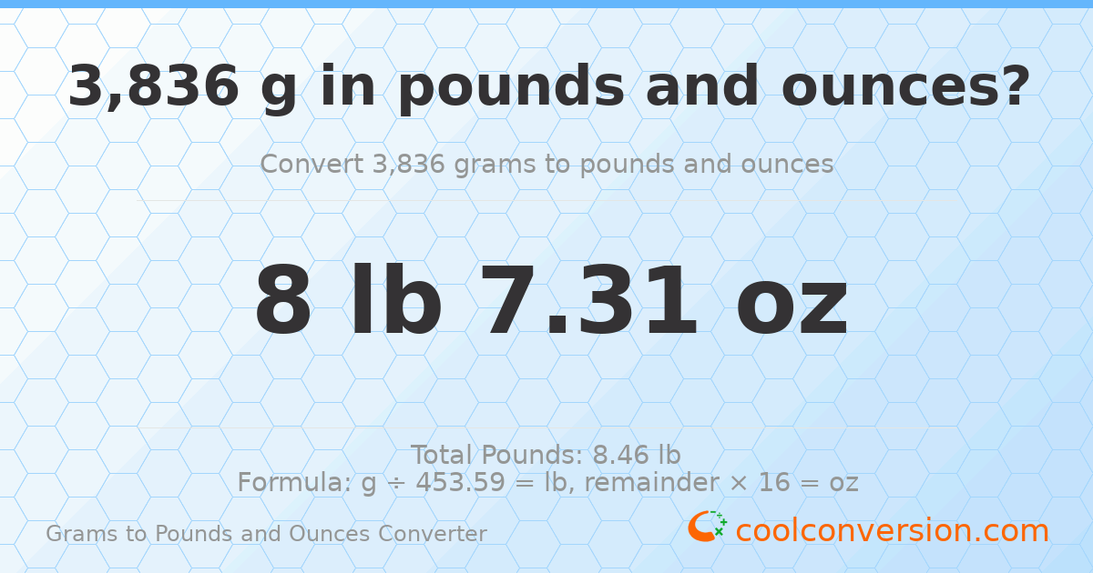 3836 g to lb and oz — 3836 g = 8 lb 7.31 oz