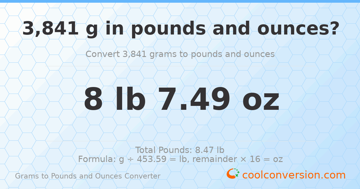 3841 g to lb and oz — 3841 g = 8 lb 7.49 oz