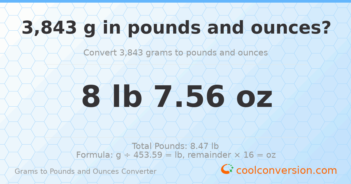 3843 g to lb and oz — 3843 g = 8 lb 7.56 oz