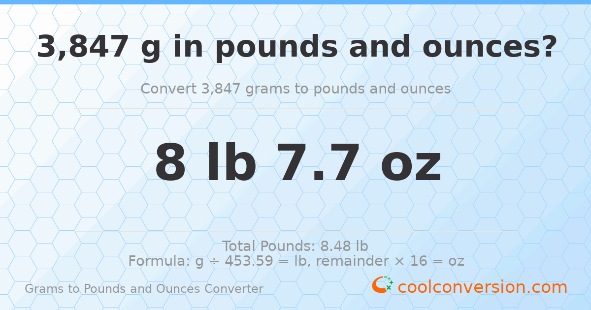 3847 g to lb and oz — 3847 g = 8 lb 7.7 oz