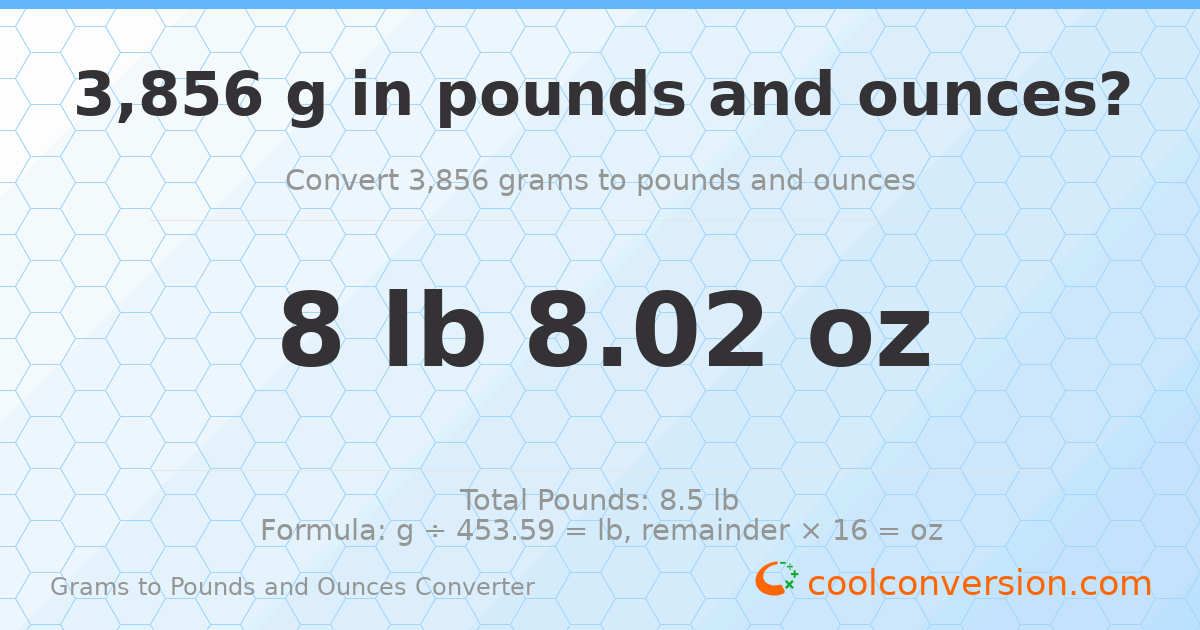 3856 g to lb and oz — 3856 g = 8 lb 8.02 oz