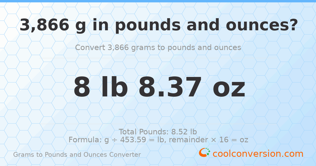 3866 g to lb and oz — 3866 g = 8 lb 8.37 oz