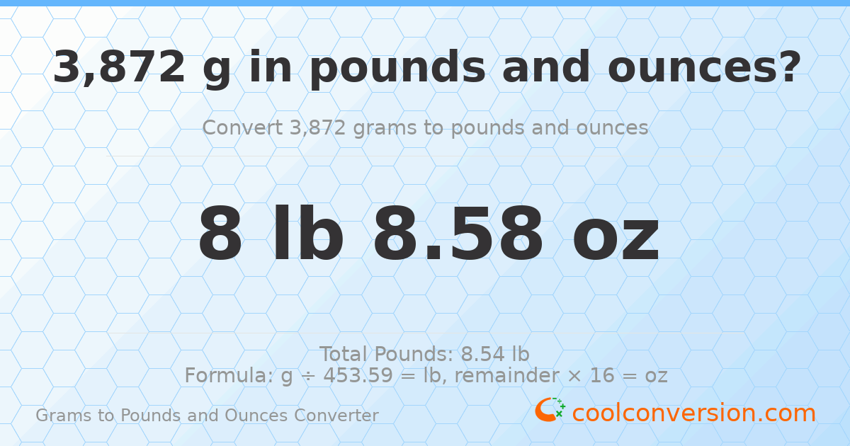 3872 g to lb and oz — 3872 g = 8 lb 8.58 oz