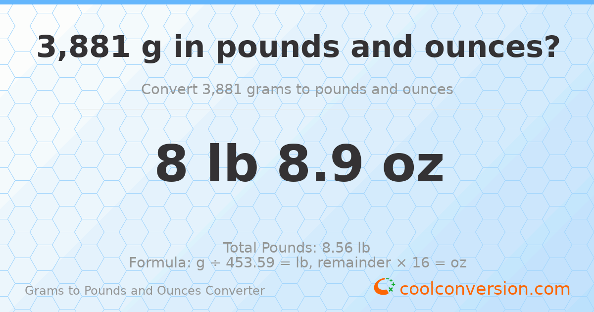 3881 g to lb and oz — 3881 g = 8 lb 8.9 oz