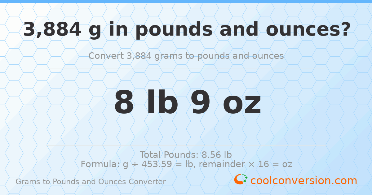 3884 g to lb and oz — 3884 g = 8 lb 9 oz