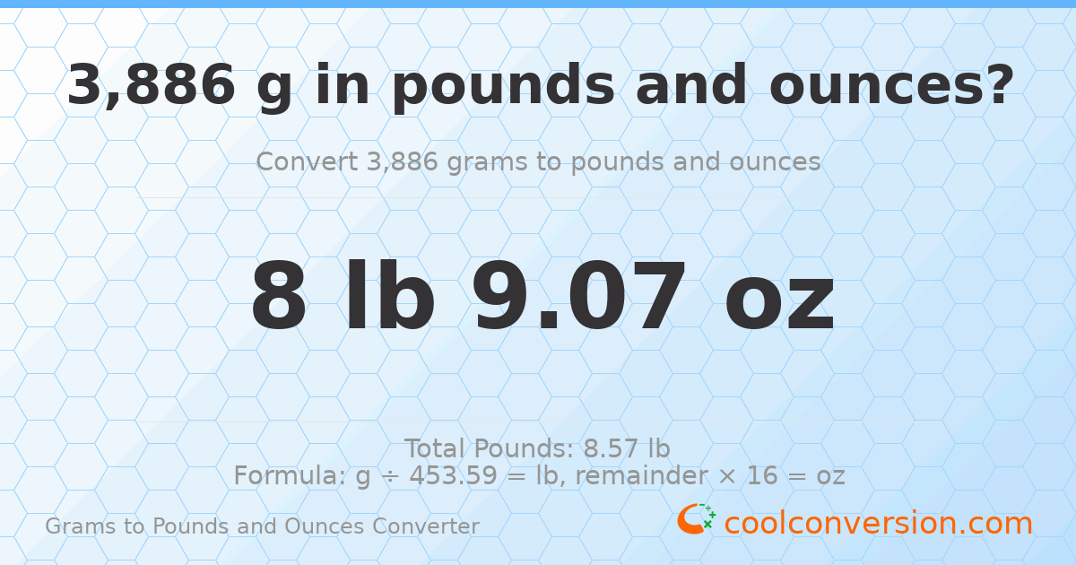 3886 g to lb and oz — 3886 g = 8 lb 9.07 oz