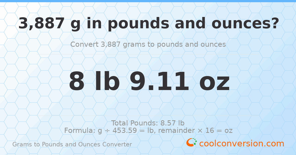 3887 g to lb and oz — 3887 g = 8 lb 9.11 oz