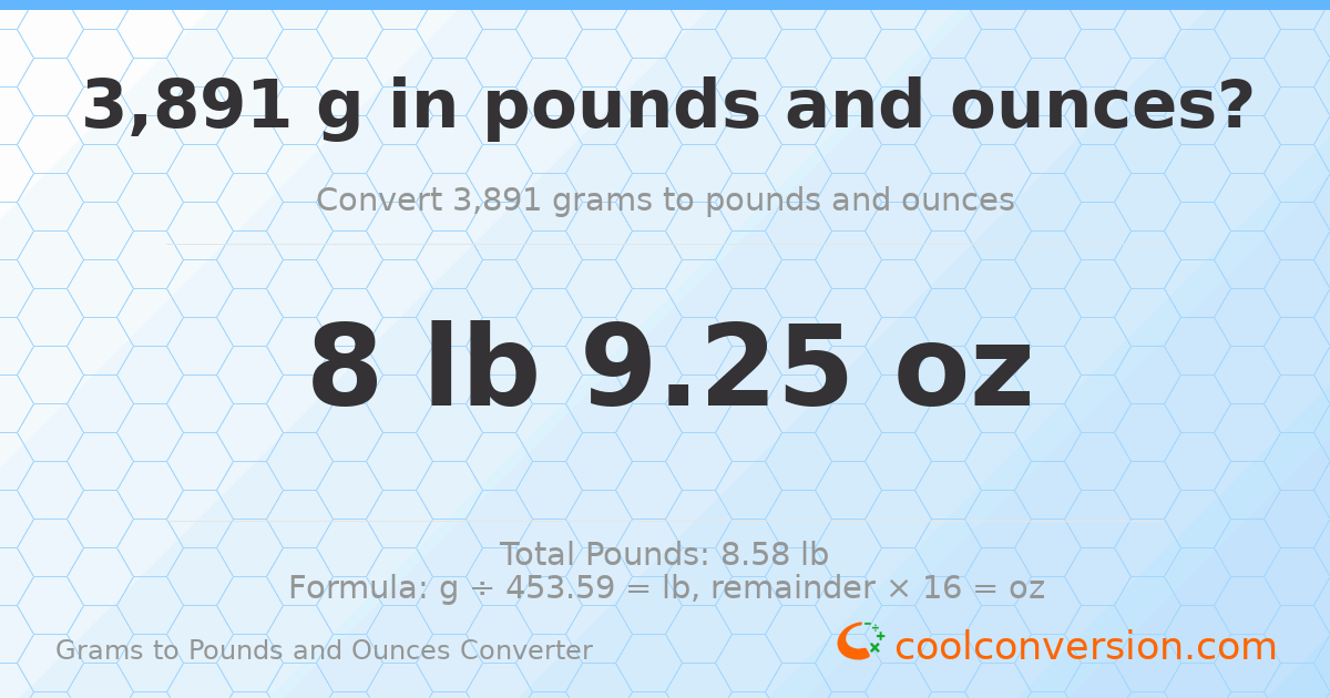 3891 g to lb and oz — 3891 g = 8 lb 9.25 oz