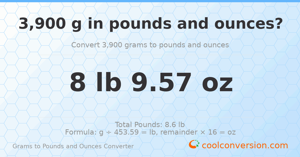 3900 g to lb and oz — 3900 g = 8 lb 9.57 oz