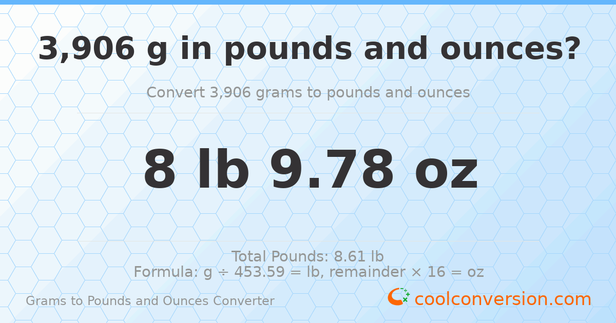 3906 g to lb and oz — 3906 g = 8 lb 9.78 oz
