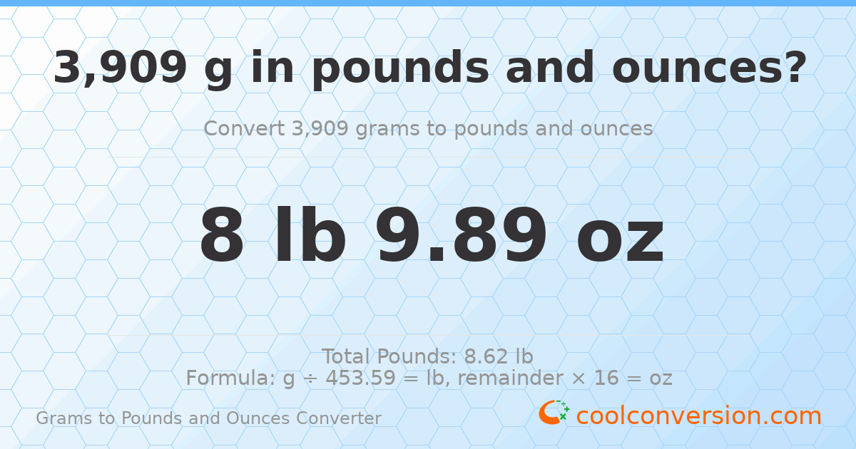 3909 g to lb and oz — 3909 g = 8 lb 9.89 oz