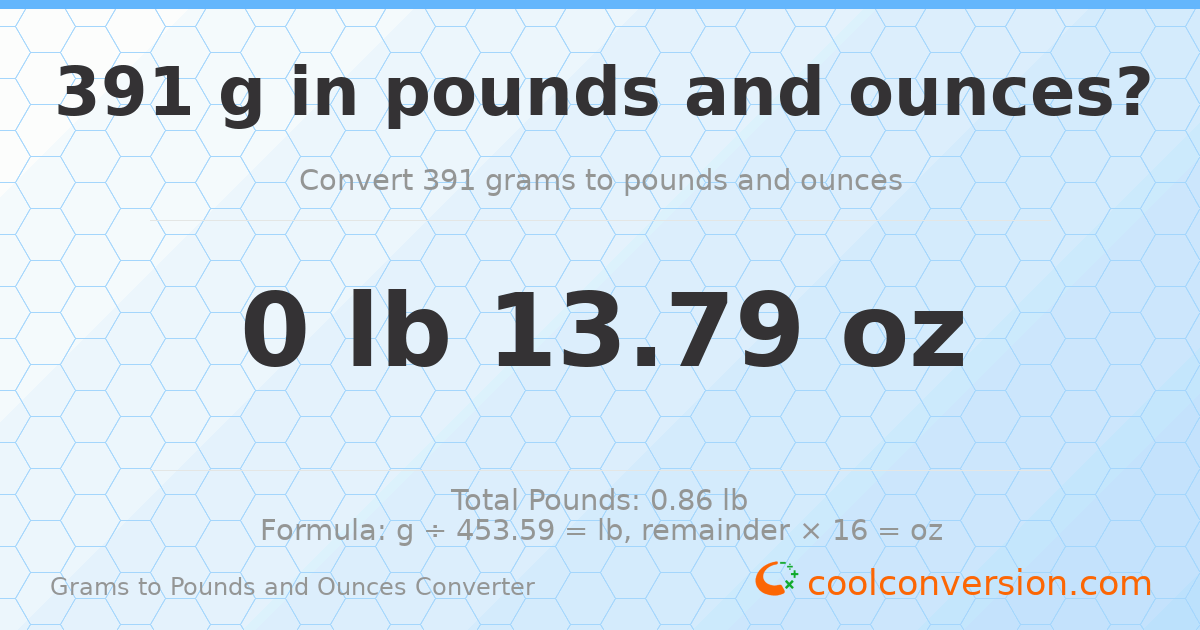 391 g to lb and oz — 391 g = 0 lb 13.79 oz