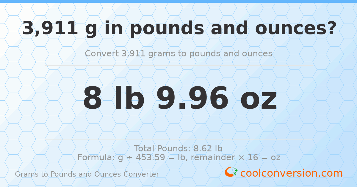 3911 g to lb and oz — 3911 g = 8 lb 9.96 oz