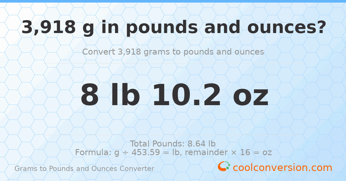 3918 g to lb and oz — 3918 g = 8 lb 10.2 oz