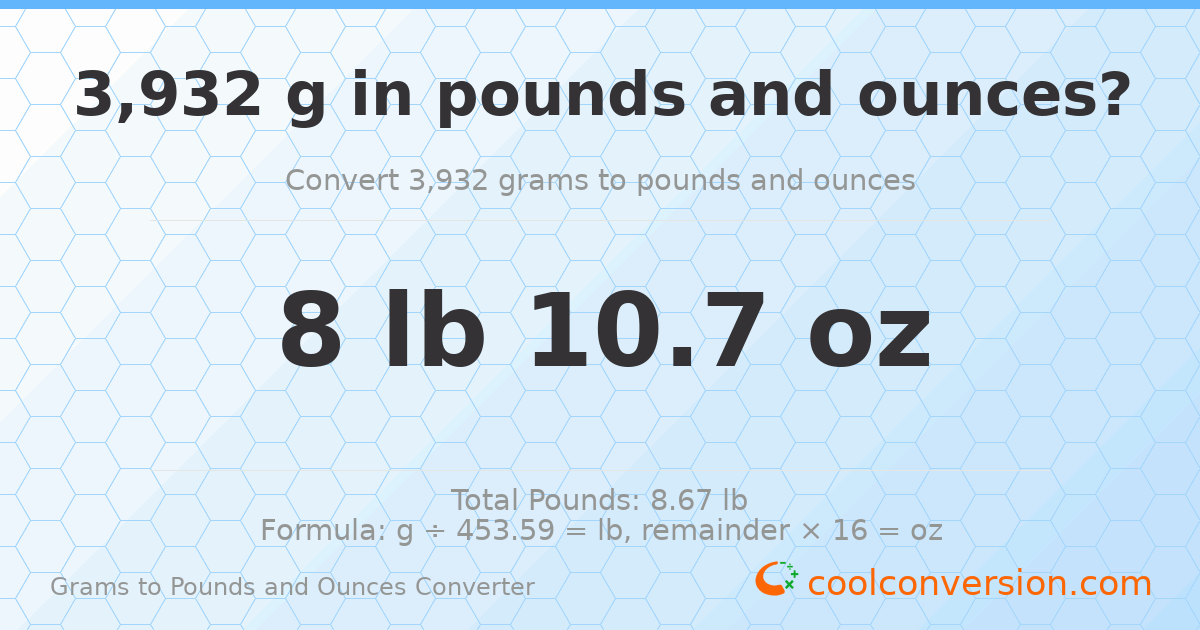 3932 g to lb and oz — 3932 g = 8 lb 10.7 oz