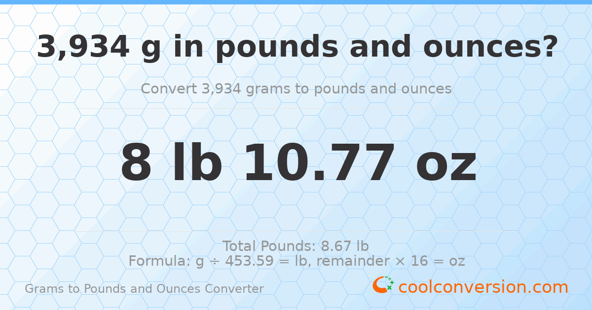 3934 g to lb and oz — 3934 g = 8 lb 10.77 oz