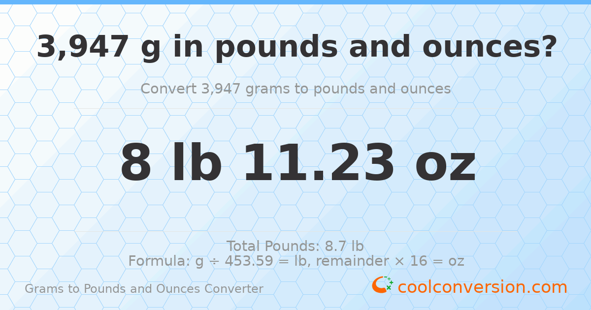 3947 g to lb and oz — 3947 g = 8 lb 11.23 oz
