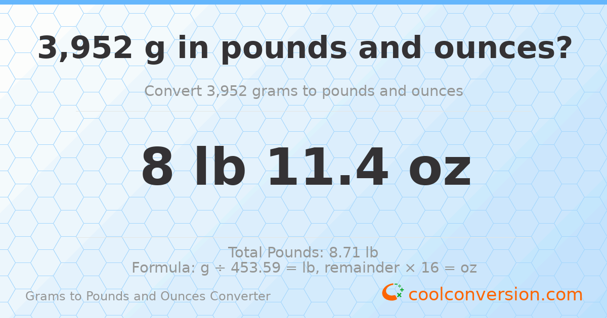 3952 g to lb and oz — 3952 g = 8 lb 11.4 oz