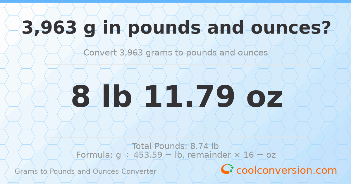 3963 g to lb and oz — 3963 g = 8 lb 11.79 oz