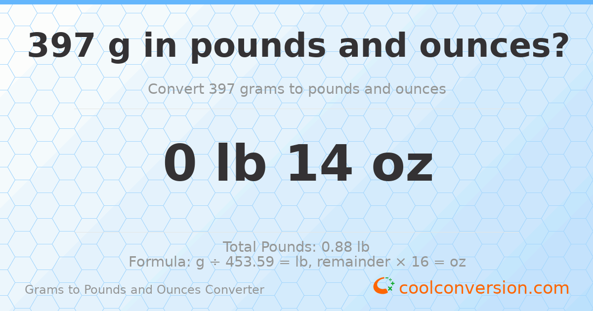397 g to lb and oz — 397 g = 0 lb 14 oz