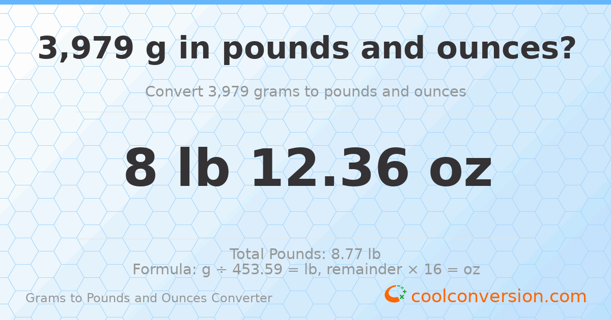 3979 g to lb and oz — 3979 g = 8 lb 12.36 oz