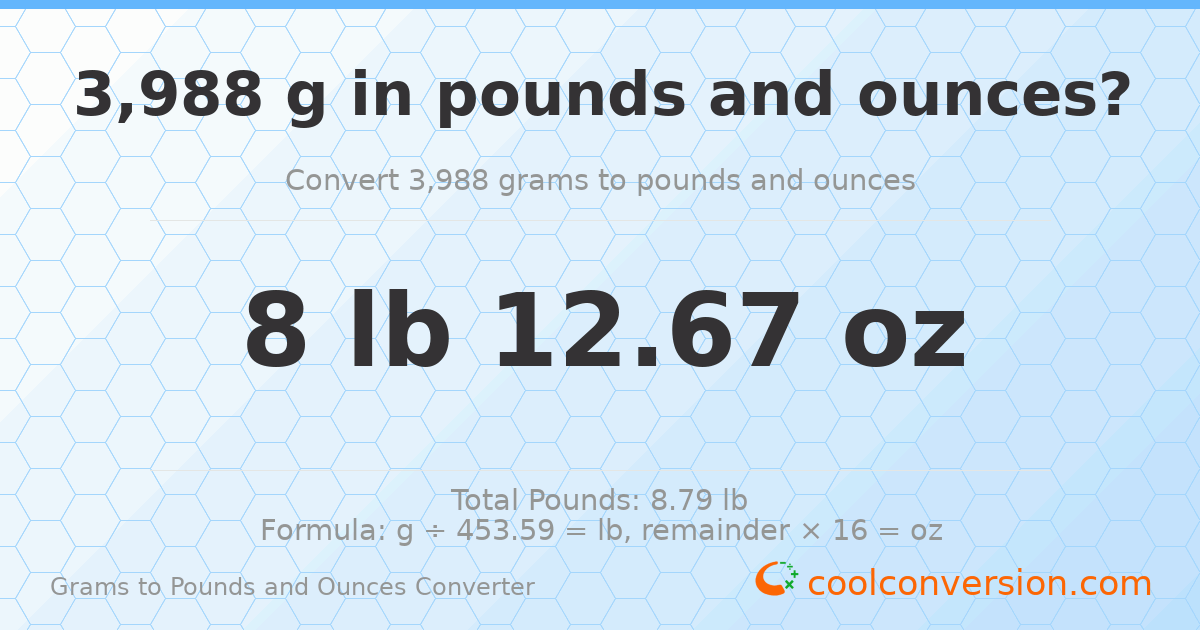 3988 g to lb and oz — 3988 g = 8 lb 12.67 oz
