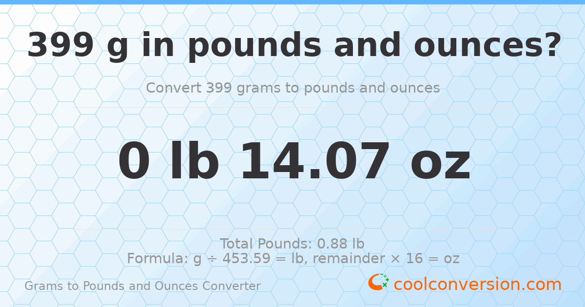 399 g to lb and oz — 399 g = 0 lb 14.07 oz