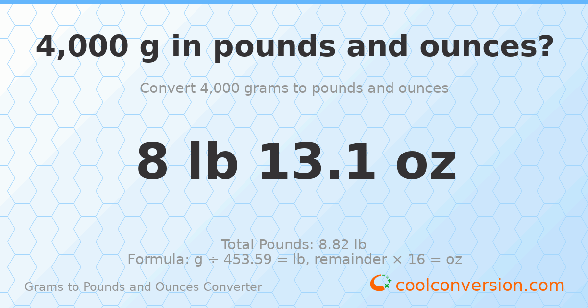 4000 g to lb and oz — 4000 g = 8 lb 13.1 oz