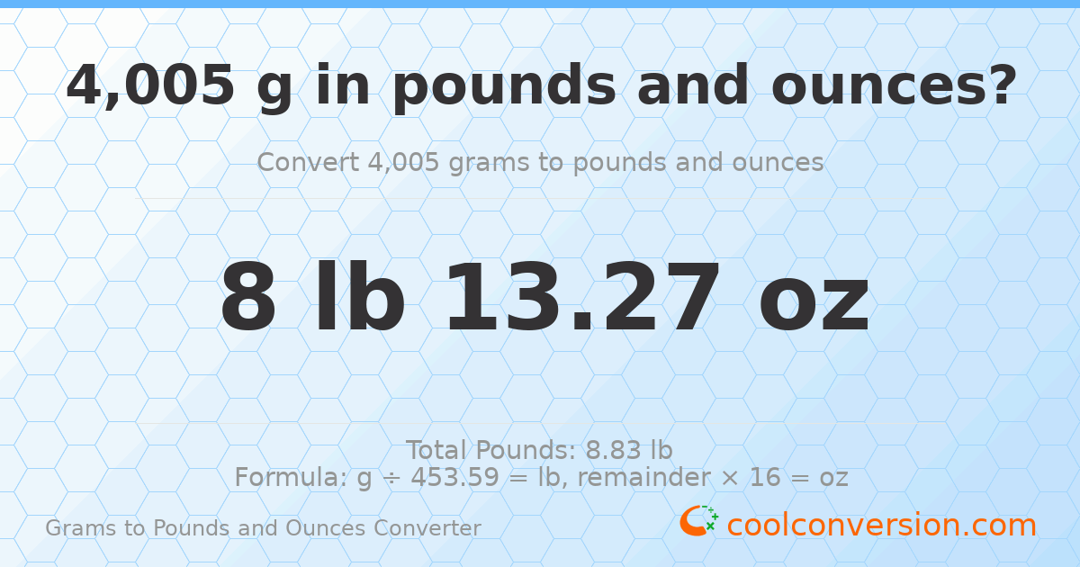 4005 g to lb and oz — 4005 g = 8 lb 13.27 oz