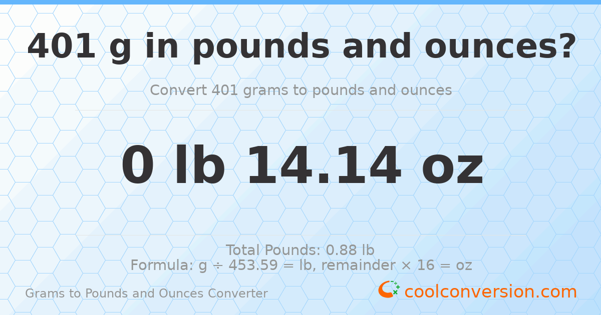 401 g to lb and oz — 401 g = 0 lb 14.14 oz