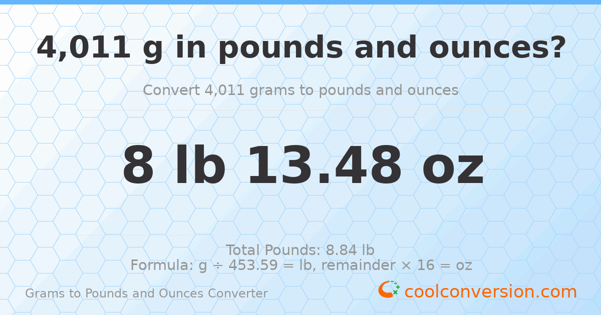 4011 g to lb and oz — 4011 g = 8 lb 13.48 oz