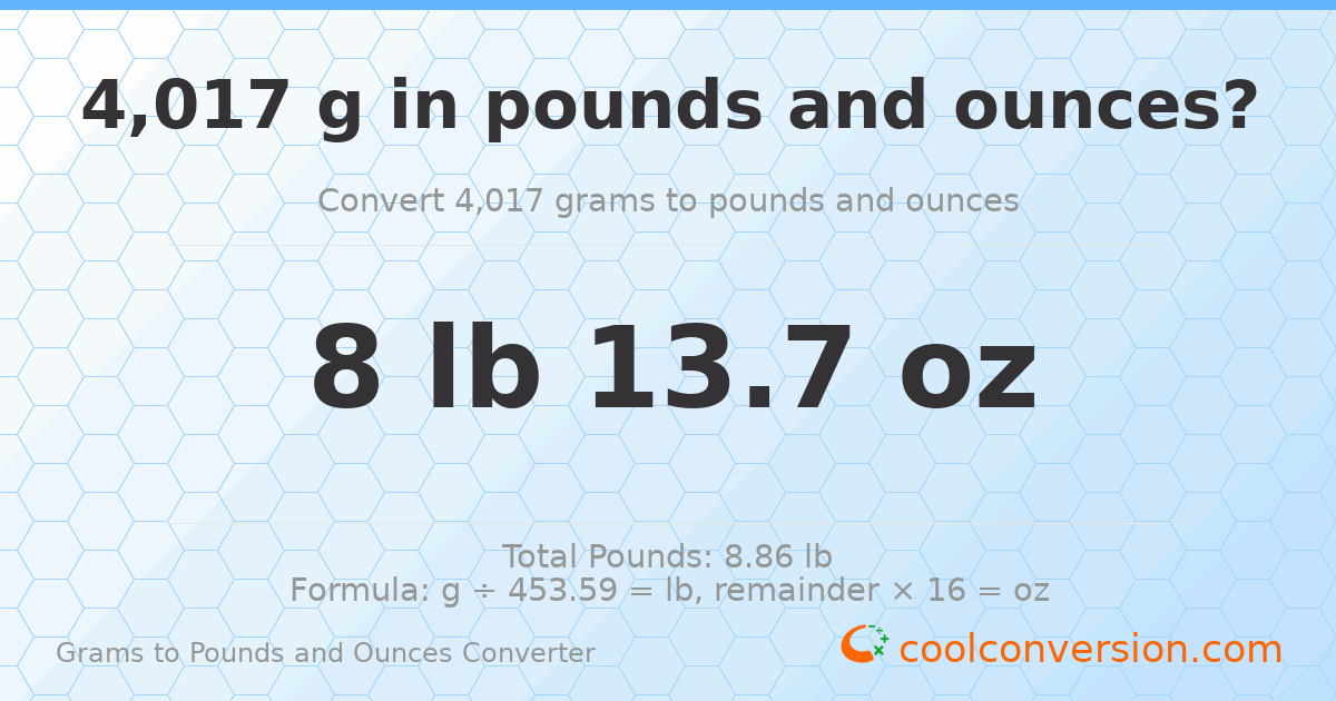 4017 g to lb and oz — 4017 g = 8 lb 13.7 oz
