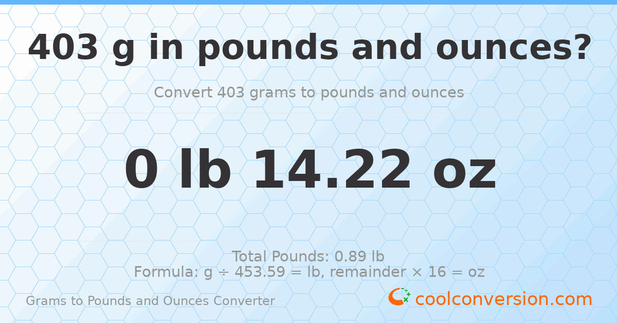403 g to lb and oz — 403 g = 0 lb 14.22 oz