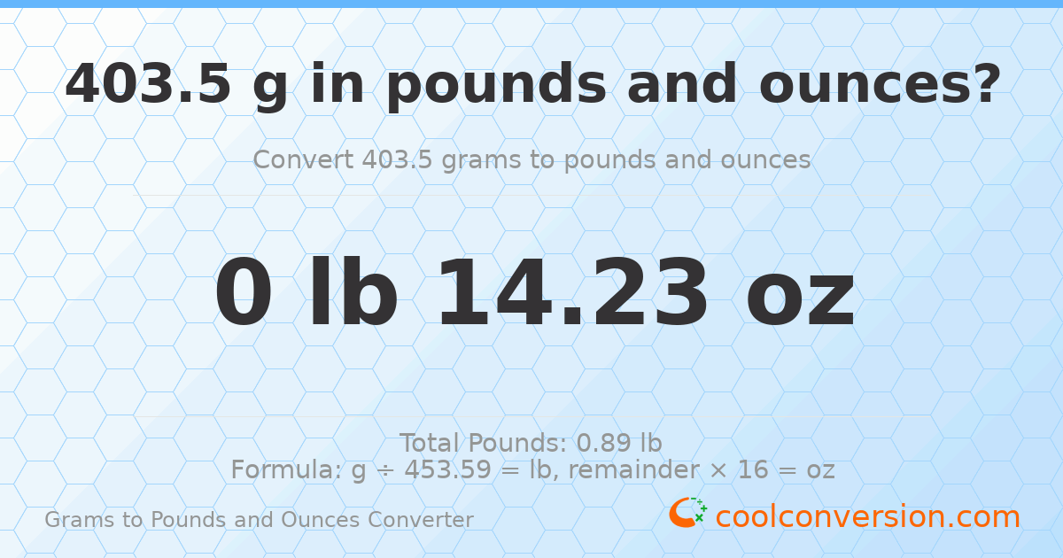 403.5 g to lb and oz — 403.5 g = 0 lb 14.23 oz
