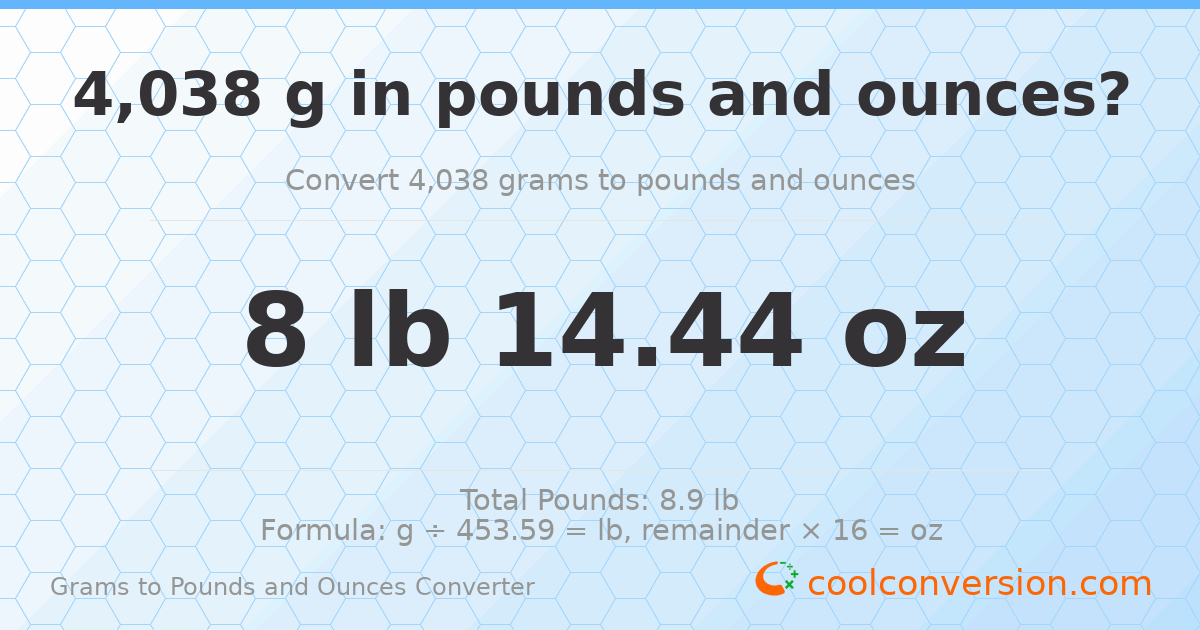 4038 g to lb and oz — 4038 g = 8 lb 14.44 oz