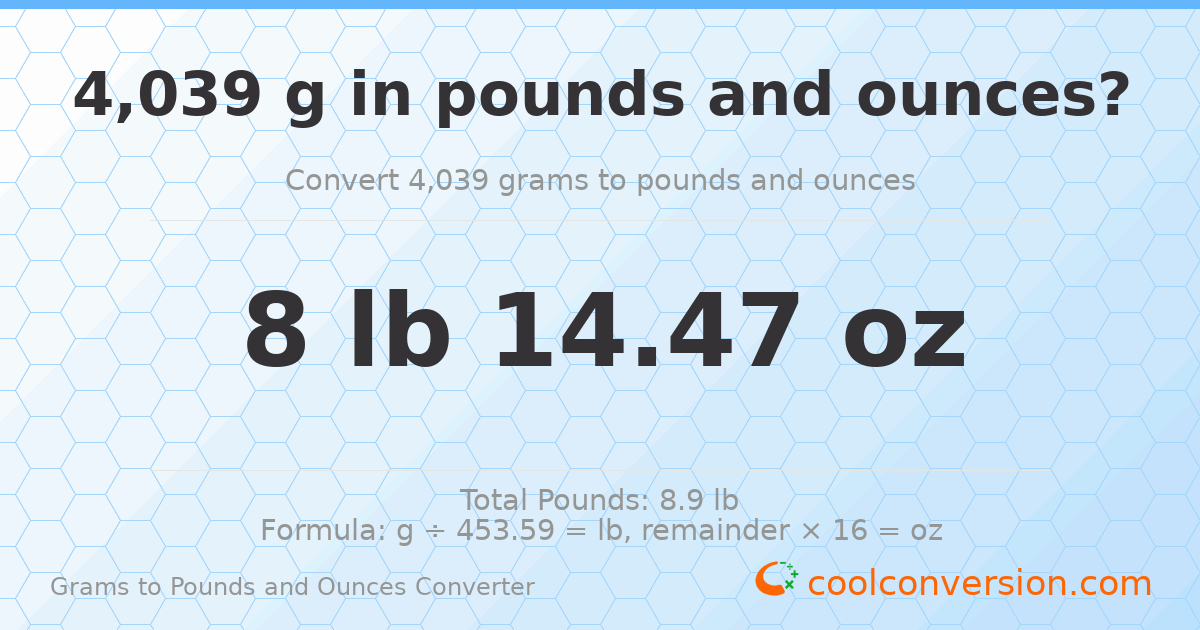 4039 g to lb and oz — 4039 g = 8 lb 14.47 oz