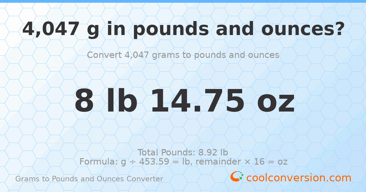 4047 g to lb and oz — 4047 g = 8 lb 14.75 oz