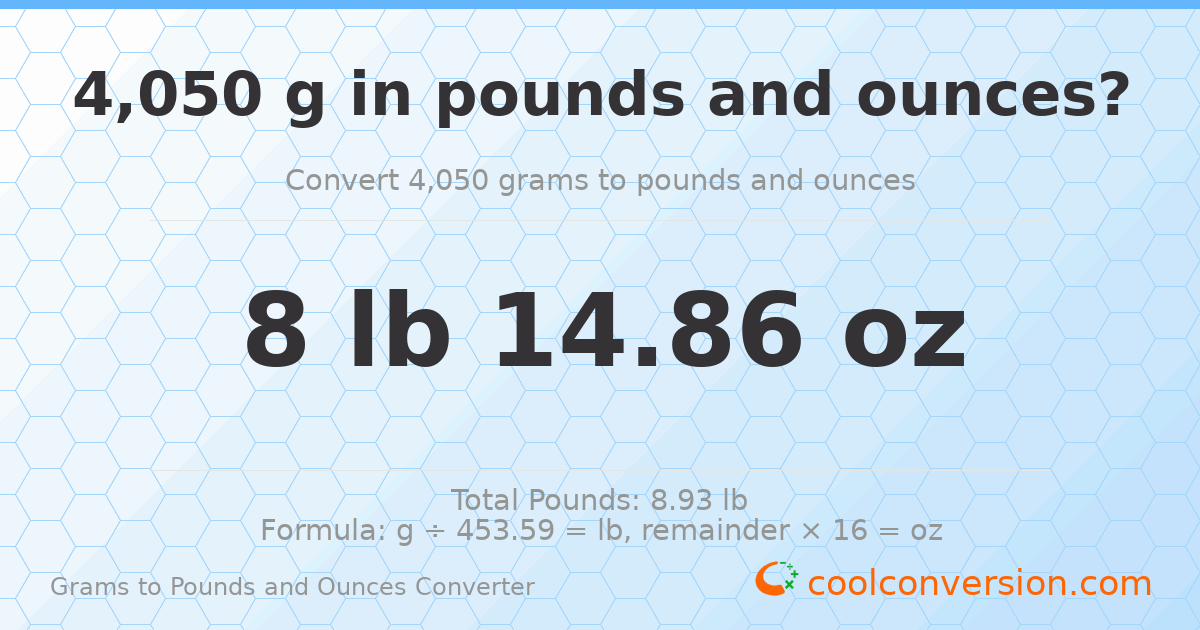 4050 g to lb and oz — 4050 g = 8 lb 14.86 oz