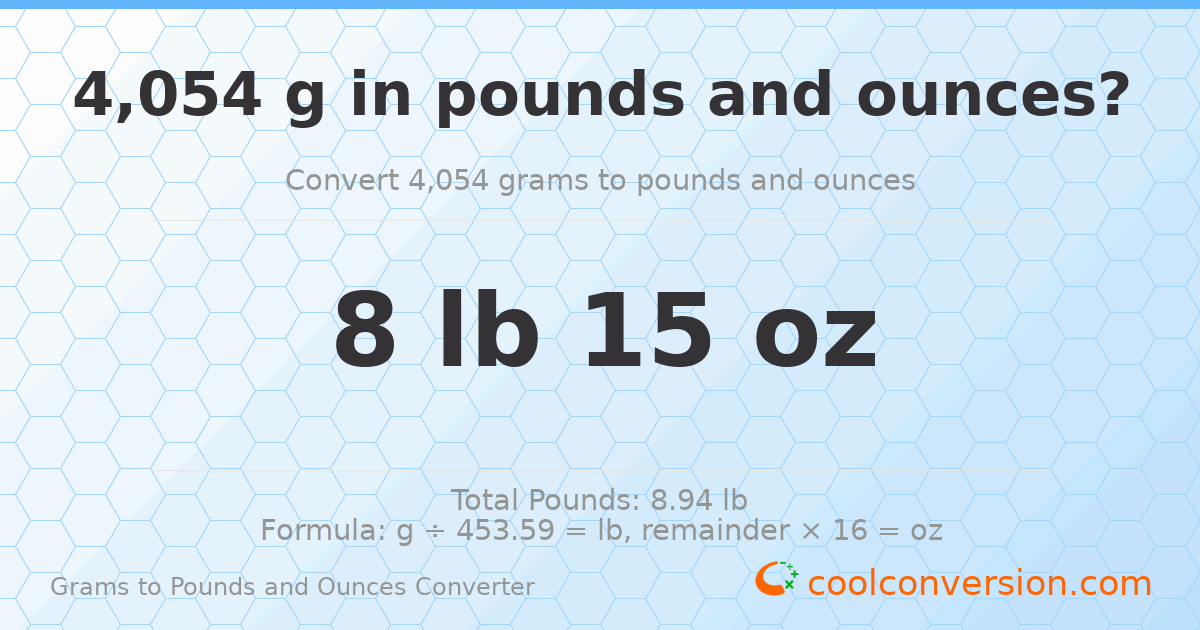 4054 g to lb and oz — 4054 g = 8 lb 15 oz