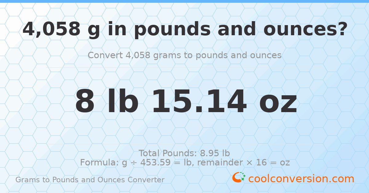 4058 g to lb and oz — 4058 g = 8 lb 15.14 oz