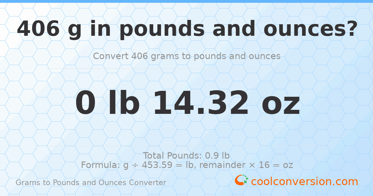 406 g to lb and oz — 406 g = 0 lb 14.32 oz