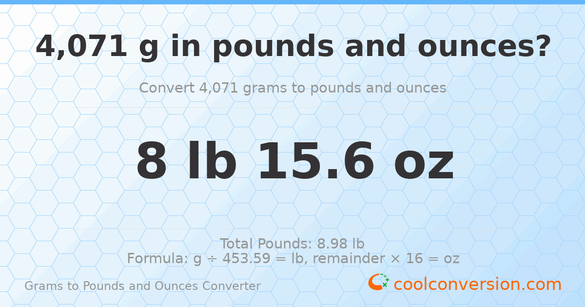 4071 g to lb and oz — 4071 g = 8 lb 15.6 oz