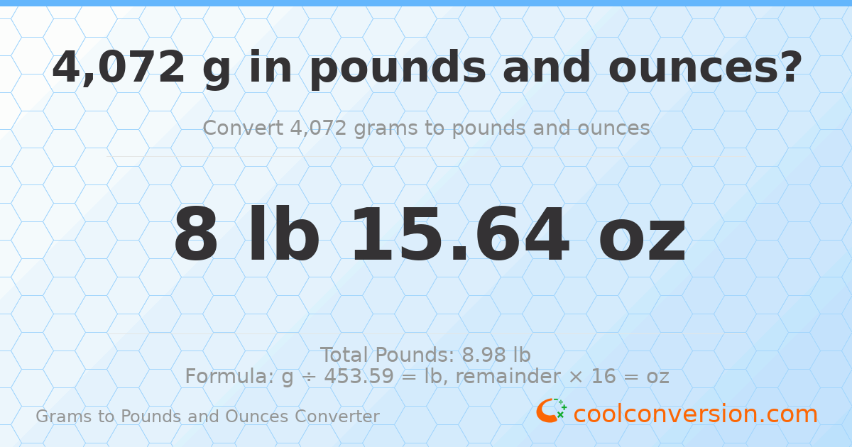 4072 g to lb and oz — 4072 g = 8 lb 15.64 oz