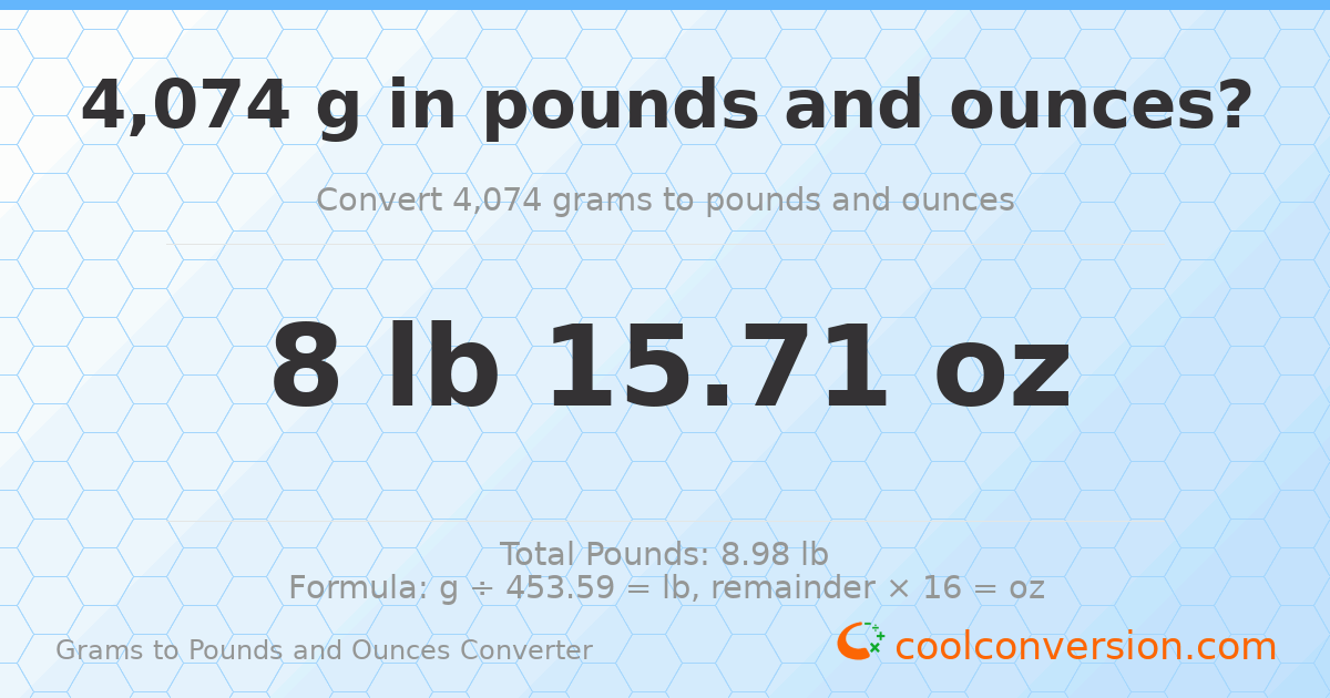 4074 g to lb and oz — 4074 g = 8 lb 15.71 oz